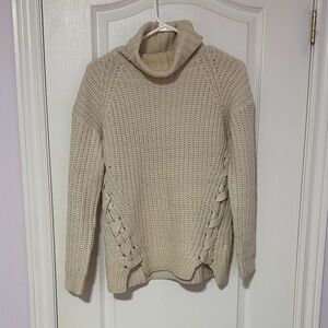 Urban Heritage Cream Turtleneck Sweater with Side Lace-Up Detail